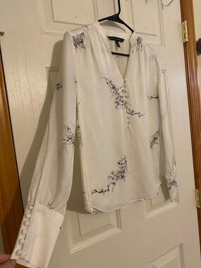 White House Black Market Ivory Blouse with Black Floral Print